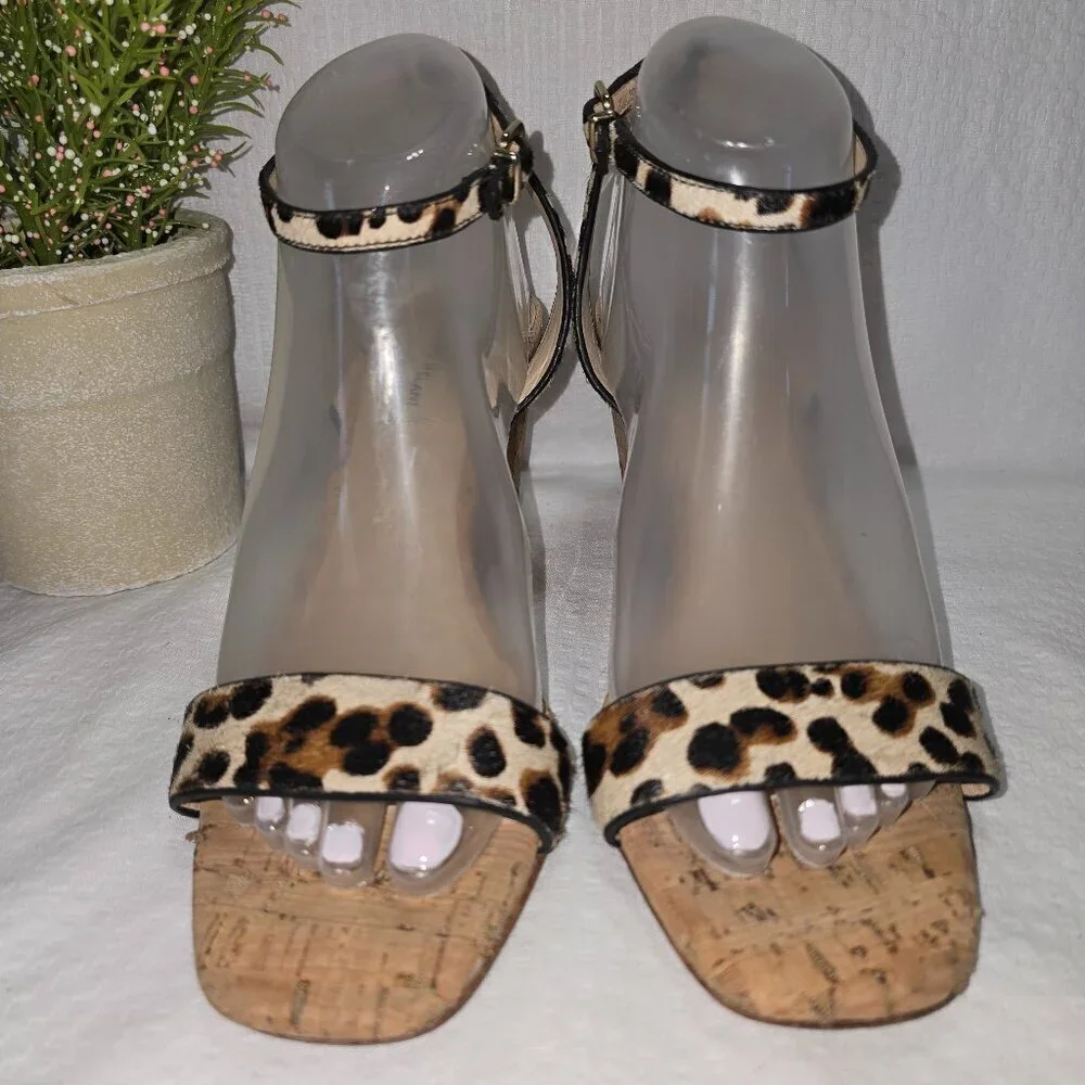 ANTONIO MELANI LEATHER ANKLE STRAP WEDGE SANDAL LEOPARD PRINT WOMENS SIZE 8.5